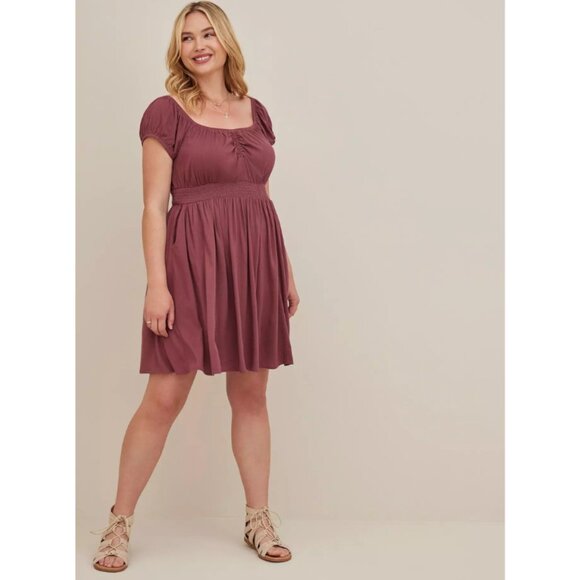 Torrid Mini Lenny Smocked Waist Dress in Wild Ginger Burgundy - Picture 4 of 12